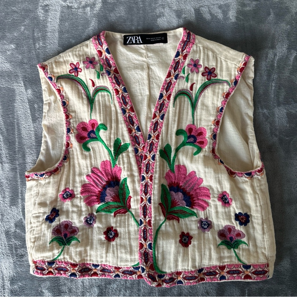 Zara Women’s Medium Embroidered Floral Vest Boho Festival Cotton